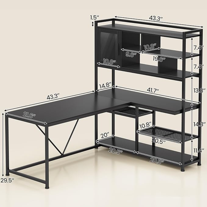 SEDETA L Shaped Computer Desk with Storage Shelves and Bookshelf, Black | 58'' Reversible Office Desk with LED Light, Glass Door Cubby, L Shaped Corner Desk for Gaming, Two Monitors, Small Space