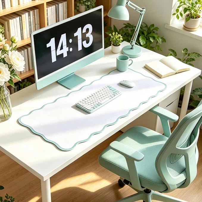 Teal Scalloped Desk Mat, Back to School Gift for Women, 31"x15.7" Large Keyboard Mouse Pad for Gaming Dorm Decor