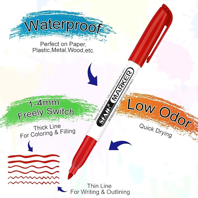 SFAIH 48 Colors Permanent Markers - Assorted Vibrant Colors, Quick Drying, Fade Resistant, Alcohol-Based Fine Point Permanent Markers for Paper, Plastic, Wood, Coloring, Drawing Doodling, Waterproof