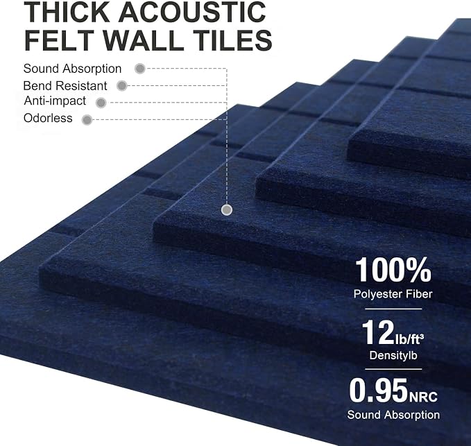 0.47" Thick Felt Wall Tiles 48"x36" Cork Board Alternative 12 Pack 11.81"x11.81"Felt Bulletin Board Pin Board with Removable Adhesive Tape&60 Pushpins for Home Office School(Bold-Dark Blue)
