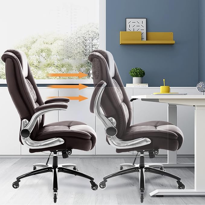 High Back Office Chair, Ergonomic Executive Computer Desk Chair | Flip Arms, Adjustable Built-in Lumbar Support, Thick Padded, Strong Metal Base, Quiet Wheels Work Chairs for Long Hours