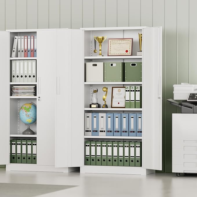 Metal Storage Cabinet, 72" H Lockable Steel Cabinets with Locking Doors, Storage Locker with Adjustable Shelves for Office, Home, Garage, Gym, School (White)