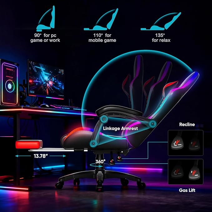 Gaming Chair, RGB LED Lights Computer Chair with Footrest, Lumbar Support Massager Gamer Chair, High Back, 90-135° Reclining, Linkage Armrests, Red