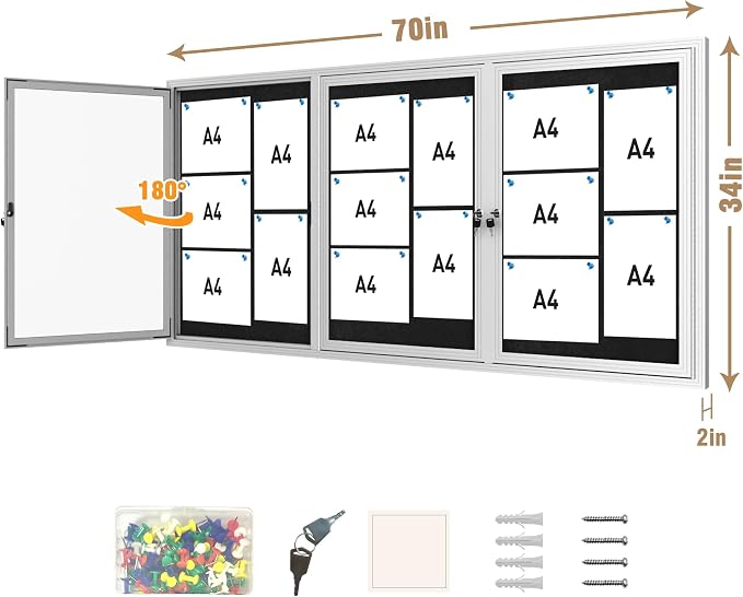Mifuro 70"x34" Enclosed Bulletin Board, Outdoor Lockable Weather-Resistant Aluminum Cork Noticeboard for School & Office, Silver Frame w/Black Flet