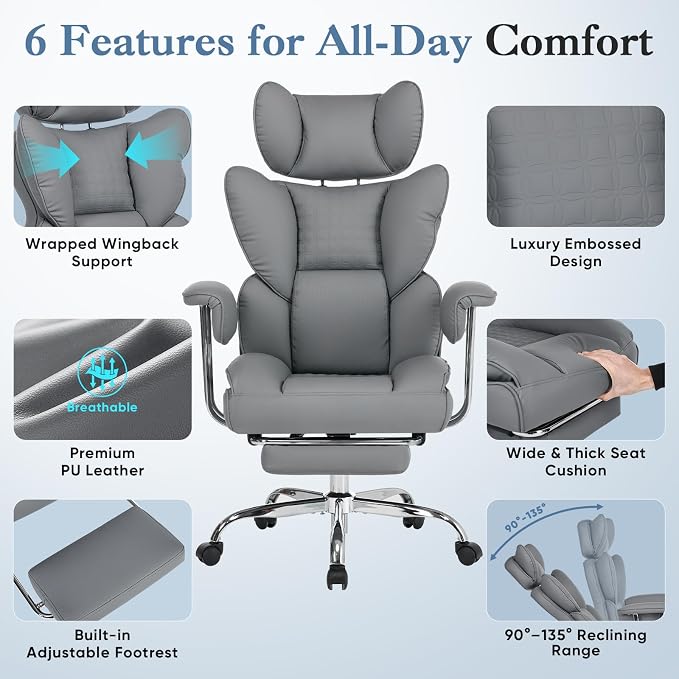 DUMOS Big and Tall Home Office Desk Chair, Executive Chair with Footrest | Scratch-Resistant PU Leather, Ergonomic Reclining, Pocket Spring Support, 400 LBS Weight Capacity, Grey