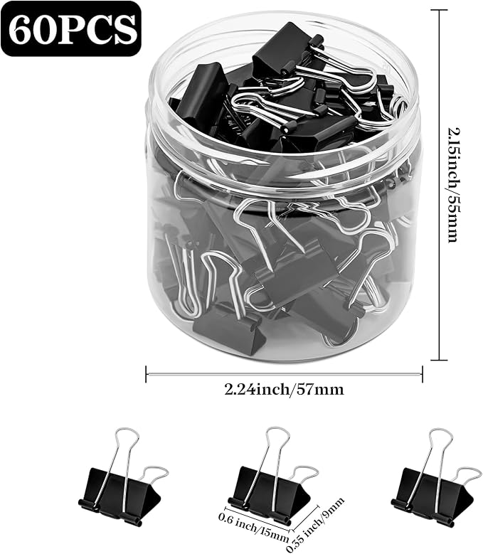 Temiary Binder Clips, mini Metal Binder Paper Clip Black 0.6 Inch, 60 Pcs | Colored Binding Paperwork Clamp Bulk for Office, Home, School