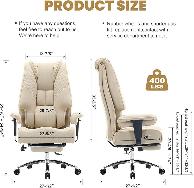 Big and Tall Office Chair 400lbs Wide Seat, Leather High Back Executive Office Chair with Lumbar Support, Ergonomic Chairs Padded Armrests & Thick Cushion (Mesh Beige)