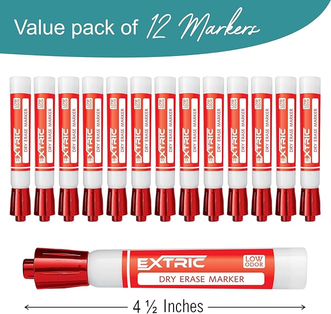 EXTRIC Red Dry Erase Markers, 12 Count Whiteboard Markers Chisel Tip, White Board Marker Dry Erase, Low Odor Chisel Tip Erasable Markers