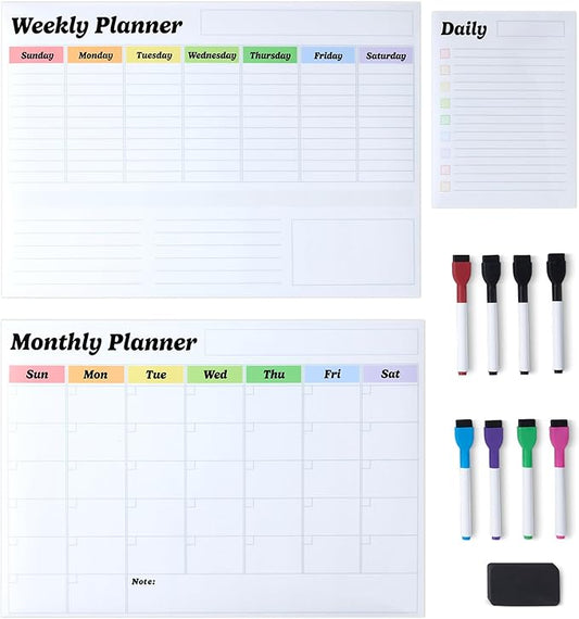 Amazon Basics Magnetic Dry Erase Calendar Whiteboard Set for Fridge, 3-Pack with 8 Markers and Eraser