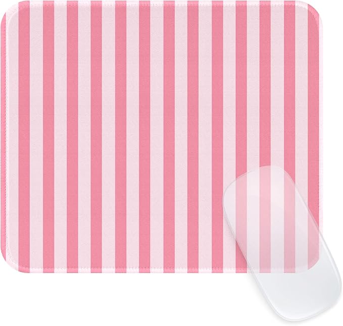 Square Cute Striped Mouse Pad with Stitched Edge, Premium Waterproof Cloth Aesthetic Small Mouse Mat, Non-Slip Rubber Base Simple Funny Mousepad Desk Accessories,Rose Pink