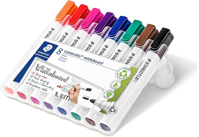 STAEDTLER 351 WP8 Lumocolor Whiteboard Marker Bullet Tip - Assorted Colours (Pack of 8)