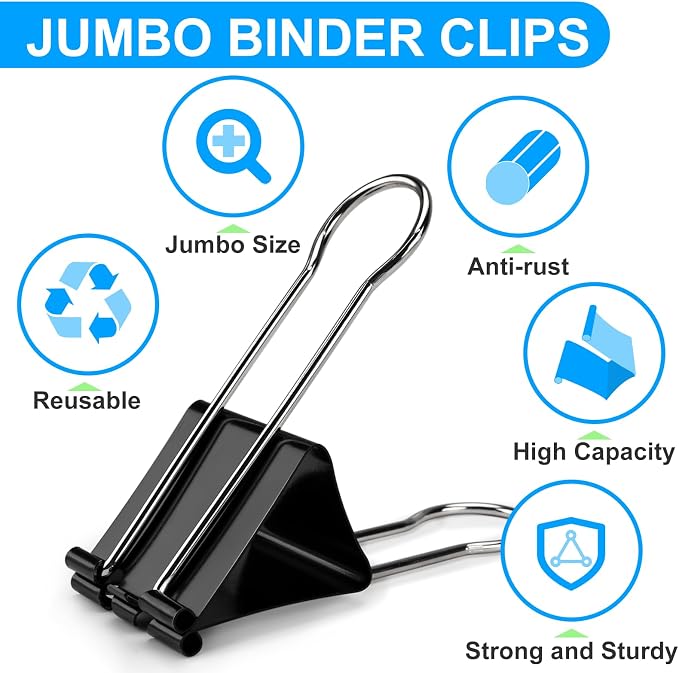 OWLKELA 4 Pack Binder Clips, 2.4 Inch, Black | Extra Jumbo Size, Large Paper Clamps,Ideal for Home, School and Office Supplies