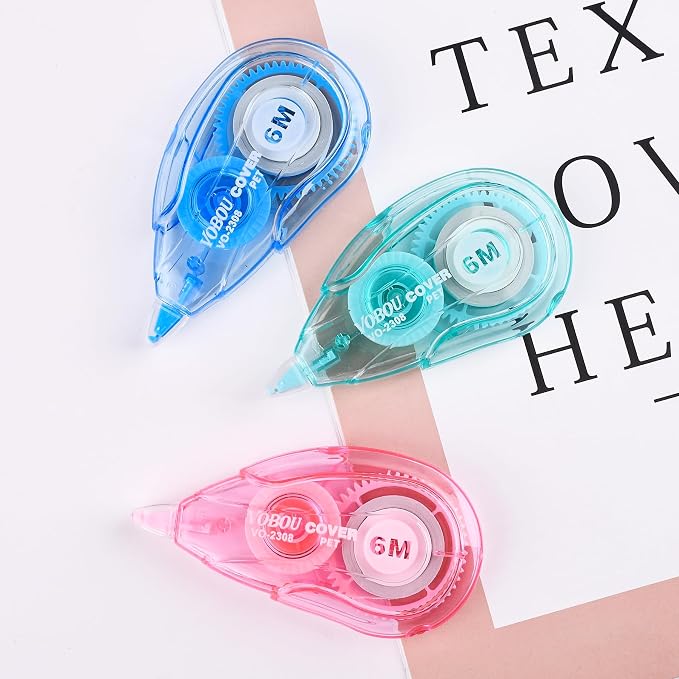 Vobou White Correction Tape Dispenser, Easy To Use Applicator for Instant Corrections, For school, Office (Blue,Green,Pink, 12pack, 6M/256, Tape Width 0.2in)
