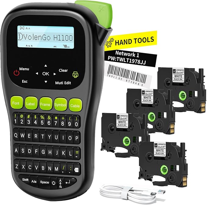 Label Maker Machine with 4 Tapes, Wire Label Maker Waterproof-Labels | Laminated Handheld Label Printer, Backlit & Portable & 3 Cable Mode, VolenGo H1100 Labeler for Industrial Office Organization