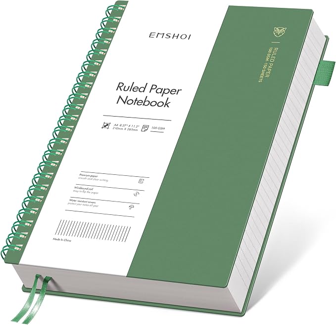 EMSHOI Lined Spiral Journal Notebook, 300 Pages, A4 Size (8.2'' x 11.2'') | College Ruled, 100 GSM Thick Paper, Flexible Plastic Cover, for School, Writing, Work, Office & Journaling (Dark Green)