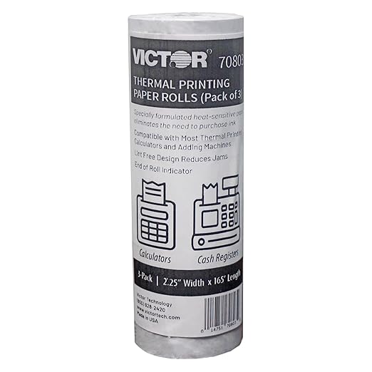 Victor Thermal Paper Roll For Printing Calculators & Cash Registers, 3 Pack, 165 ft (70803)