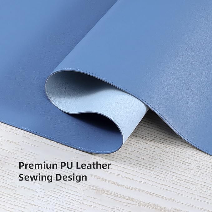 Wolaile Faux Leather Desk Pad Blotter,Water and Slip Resistant Writing Desk Protector Mat,Blue Large Mouse Pad for Desktop/Office Home Table Cover,36x17 in