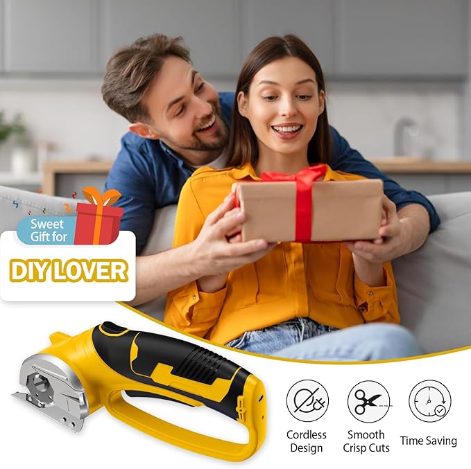Cordless Electric Scissors, 4V Rechargeable Box Cutter & Cardboard Cutter with LED Light, Safety Lock - Rotary Cutter for Fabric, Leather, Carpet, Plastic, Crafting, Sewing with Storage Box(Yellow)
