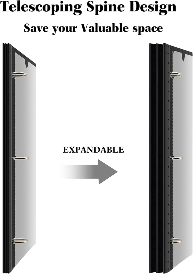 INFUN 1 Inch Telescoping 3 Ring Binder Black+White - 4 PCS， Flexible Binders with Customizable Front Cover and Clear Catalog Pocket,1 inch Binders 3 Ring, Holds 8.5" x 11" Paper