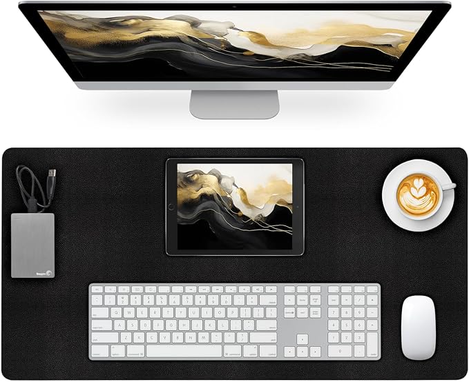 Leather Desk Pad Mat, Black Desk Mat, 23.6" x 13.7" | Non-slip and Waterproof Computer Mat, Desk Protector for Office/Home, Desk Accessories
