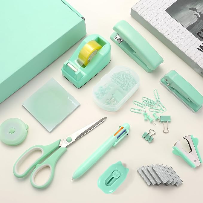 Green Desk Accessory Kit Cute Office Supplies Set Desktop Stapler Set Includes Staple Remover Hole Punch Tape Dispenser Ballpoint Pen Scissor Mini Box Cutter Tape Measure Paper Clips Sticky Notes