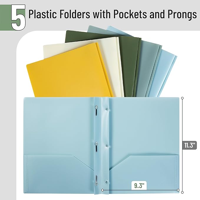 Mr. Pen- Plastic Folders with Pockets and Prongs, 5 Pack, Letter Size, Earthlight Colors, Flexible Plastic Folders with Prongs & Card Slot