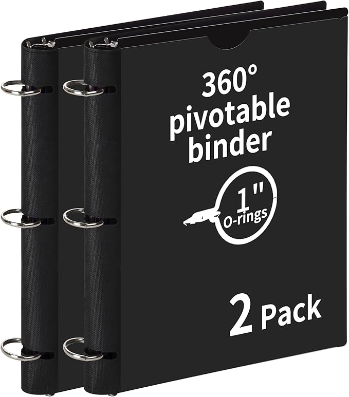 2 Pcs 360° Pivotable 3 Ring Binder, Soft 1 inch Binders 3 Ring, Flexible Thin Soft Three Ring Binder Fits 8.5" x 11", for Home, School and Office-Black