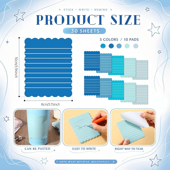 Epakh 10 Pack Scalloped Line Sticky Notes, Gradient Blue Pads, 3 x 4 Inch | 300 Sheets, Small Notes Pads, Thick Note Pads, Strong Adhesive, Back to School Office Supplies