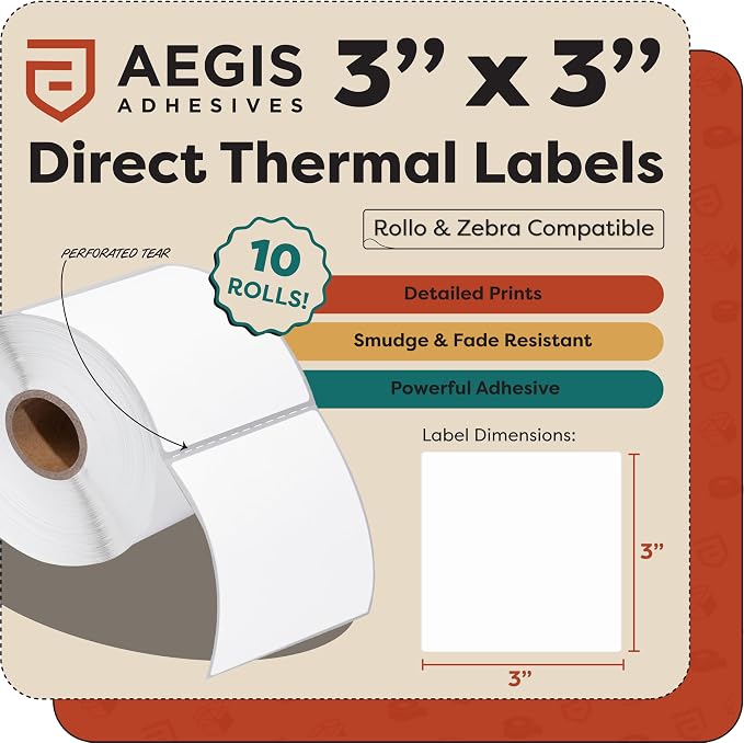 3" X 3" Square Direct Thermal Labels (5000 Count, 10 Rolls) | Product Packaging Stickers, QR Code Stickers, Barcode Labels for Branding - Compatible With Zebra and Rollo Printers