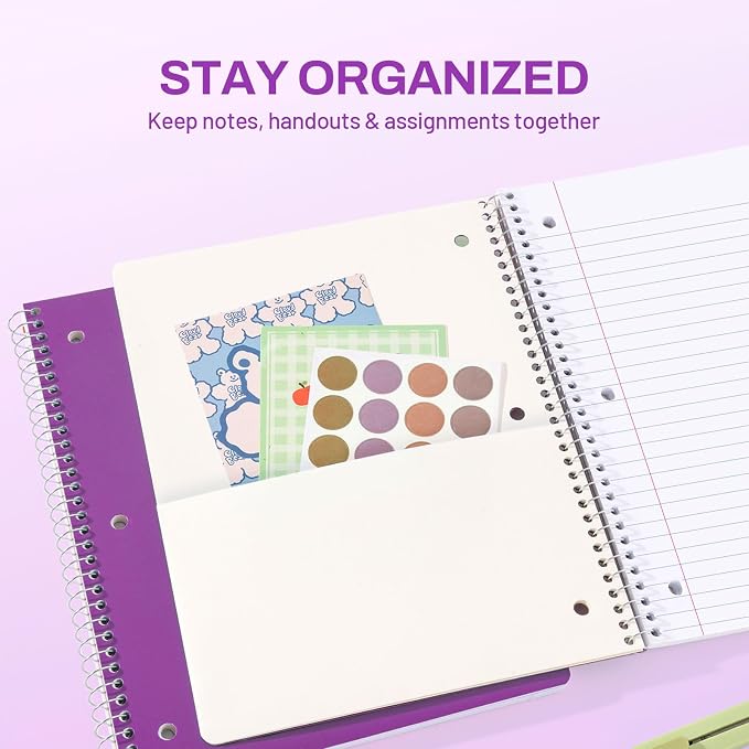 SUNEE Spiral Notebook, 1-Subject, Wide Ruled Paper, 8" x 10-1/2", 100 Sheets per Notebook, 3-Hole Punched Paper, Water Resistant Cover, Double-sided Pockets, Dark Purple