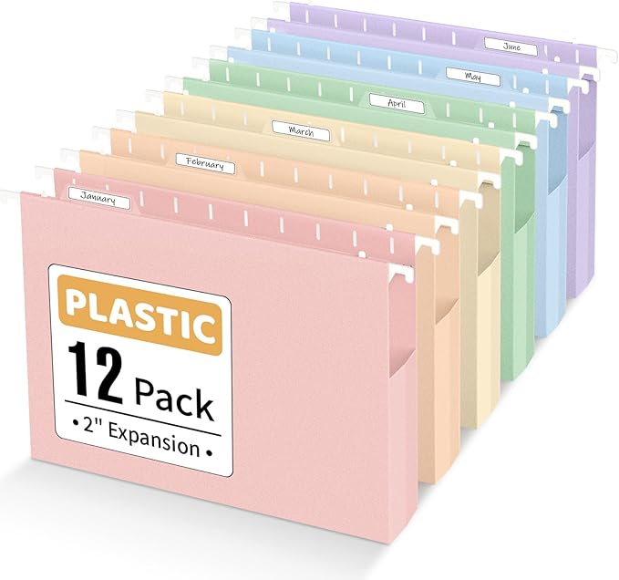 Sooez Extra Capacity Plastic Hanging File Folders, 12 Count Expanding File Folders Letter Size with 2" Expansion, File Organizer with 1/6-Cut Adjustable Tab for File Cabinet, Drawer, Pastels Colors