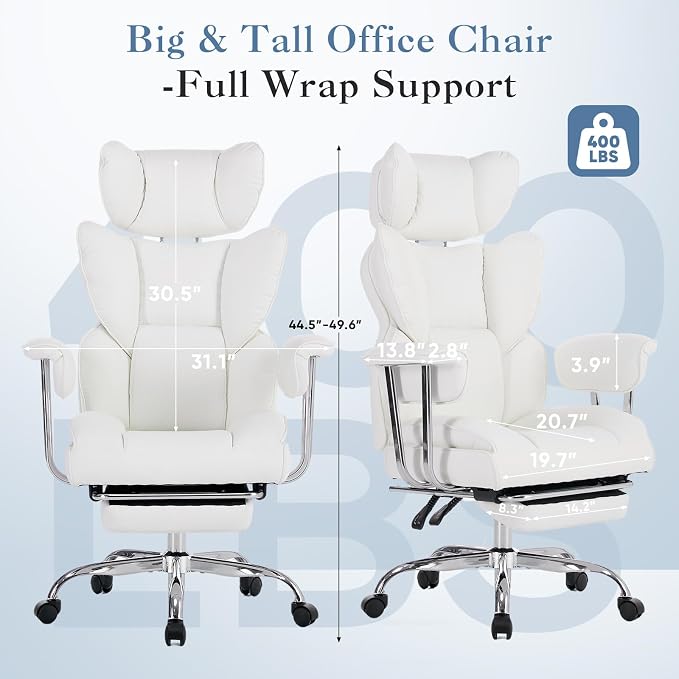 DUMOS Big and Tall Home Office Desk Chair, Executive Chair with Footrest | Scratch-Resistant PU Leather, Ergonomic Reclining, Pocket Spring Support, 400 LBS Weight Capacity, White