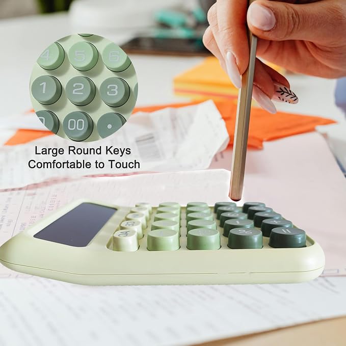 Desk Calculator, Merchanical Big Buttons,12 Digits Large LCD Display Calculadora, Solar and Battery Dual Power, Battery Include, Cute Basic Calculator for School,Office,Home,Business (Green)