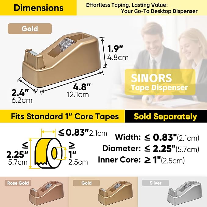 Aesthetic Metallic Finish Office Tape Dispenser, Fits 1" Core, Gold | Standard 1-Inch Clear Tape Roll Holder, Elegant Stylish, Rubber Base, Smooth Cut Serrated Blade, Home Desktop Supplies Decor