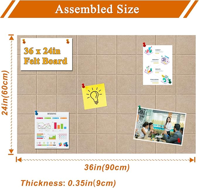 Large Square Felt Cork Board Tiles, Self Adhesive DIY Felt Bulletin Board with 35 Pushpins for Office School Home Wall Decor Stickers Memos Photos Display (Brown)