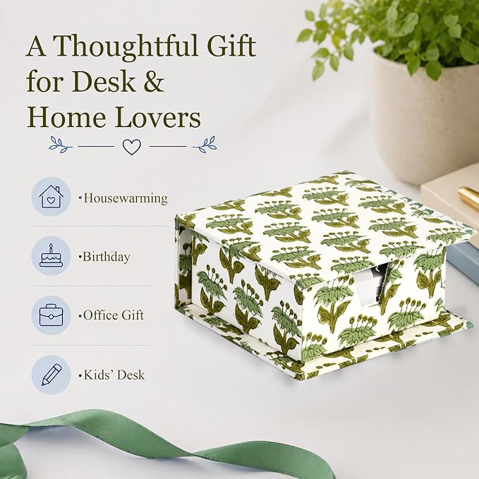 CPC Emerald Green Block Print Cotton Desk Organizer Sticky Note Holder | Cute, Aesthetic, Decor Accessories, Workspace Organizers, Caddy Storage, Gift for Office, Professionals, Student