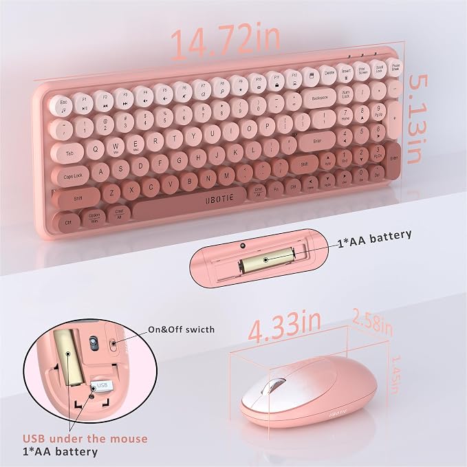 UBOTIE Wireless Keyboards and Mouse Combo (Peach Gradient) | Colorful Gradient Rainbow Color Retro Typewriter Flexible Keyboard, 2.4GHz Connection and Optical Mouse for PC Wins Mac
