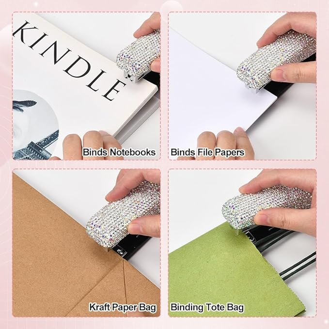 Bling Rhinestone Stapler, Sparkly Diamond Staplers, Cute Desk Stapler for Women & Girls, Bling Crystal Machine Pretty Office Stationery Kit (Clear with AB Color Plated, Large)