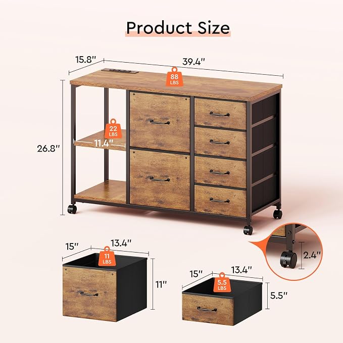 6 Drawer File Cabinet with Charging Station and Open Storage Shelf | Rustic Brown2, Rolling Printer Stand Fabric Lateral Filing Cabinet for Home Office