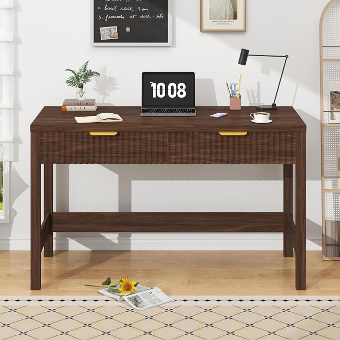 47 Inch Small Fluted Computer Desk with 2 Drawers for Bedroom, Home Office | Small Computer Desk with Storage, Compact Writing Study Desk for Small Spaces, Walnut