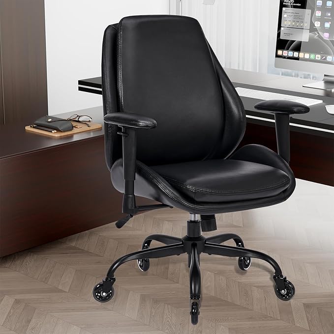 BEWISHOME Office Chair with Rubber Wheels, Big and Tall Office Chair, Ergonomic Office Chairs, Executive Desk Chair, Black PU Leather Computer Comfy Chairs with Lumbar Support, Adjustable Armrests