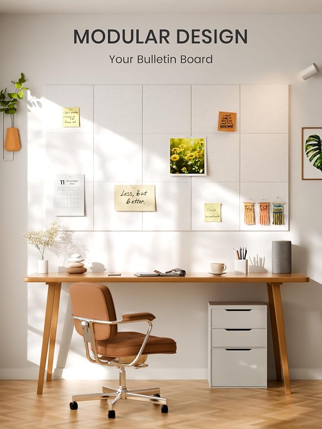 Bumusty 36"x 24" Large Felt Bulletin Board Tiles, Milky White | 6-Pack Cork Board Alternative, Wall Decor, 30 Pushpins, 30 Adhesive Tabs, Vision Board, Office, Classroom, Home, Dorm