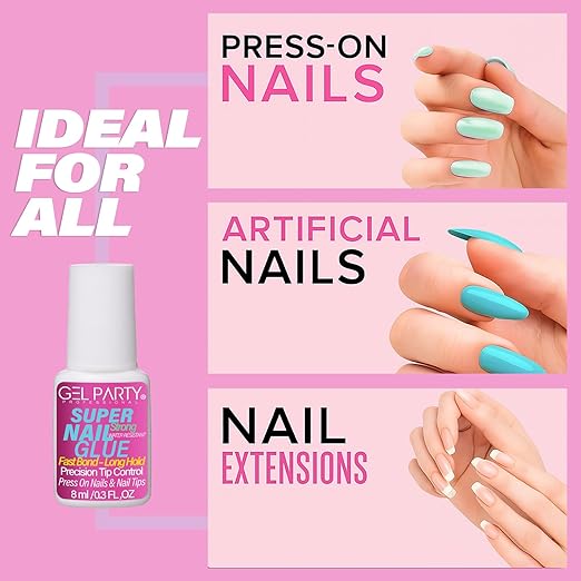 GELPARTY Super Strong Brush On Nail Glue for Press On Nails & Tips - Quick Dry Clear Acrylic Nail Adhesive (8ml) - Long Lasting Salon Bond for Fake Nails & Broken Nail Repair - Mess-Free Application