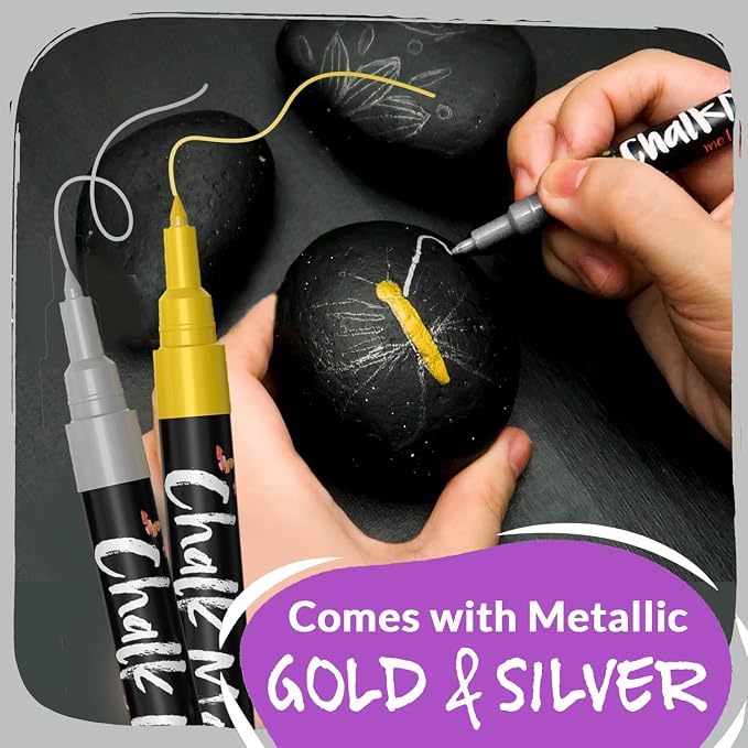 10 Extra Fine Tip Liquid Chalk Markers - 1mm, Chalk Pens with Gold & Silver | Erasable Dry Erase Marker Pens for Blackboard, Windows, Chalkboard Markers, Bistro, Restaurants - Thin Point Chalk Pens Set