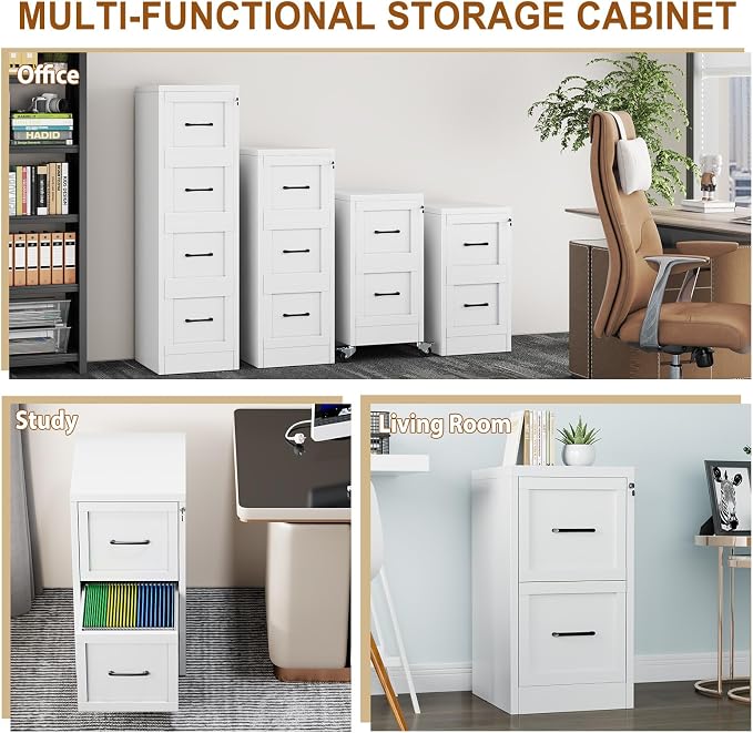 2 Drawer Metal File Cabinet with Lock,Narrow Vertical Filing Storage Cabinets,Steel File Organization for Legal/Letter/A4/F4 Size with Hanging Files,Lockable File Folders for Home Office, White