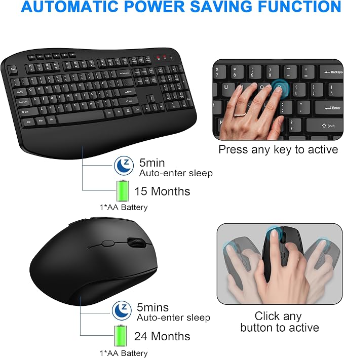 Wireless Keyboard and Mouse Combo, EDJO 2.4G Full-Sized Ergonomic Computer Keyboard with Wrist Rest and 3 Level DPI Adjustable Wireless Mouse for Windows, Mac OS Desktop/Laptop/PC,Classic Black