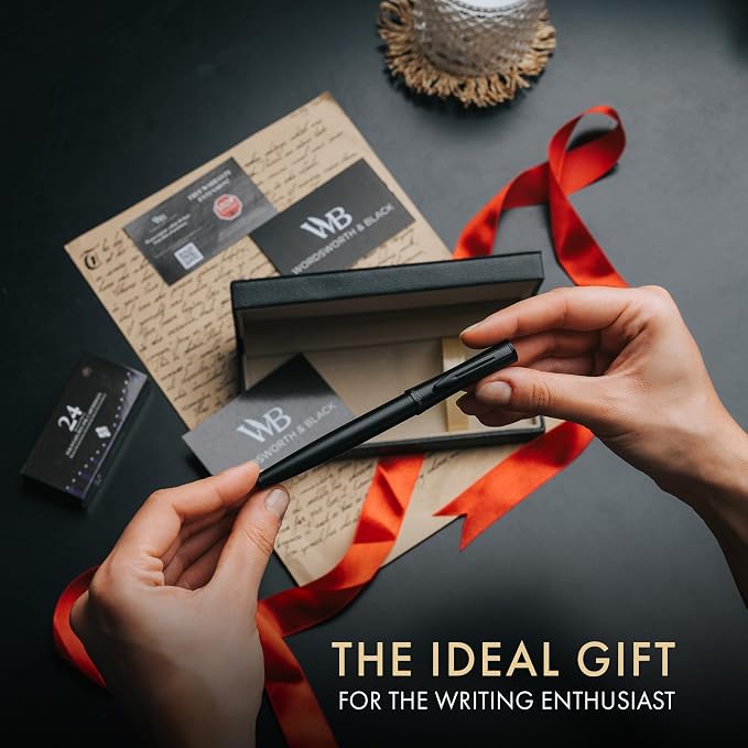 Wordsworth & Black Fountain Pen Set for Writing, Extra Fine Nib, All Black | Gift for Men & Women, Brass Body, German Iridium, Calligraphy, Converter + 24 Ink Cartridges, Refillable, Leak-Free