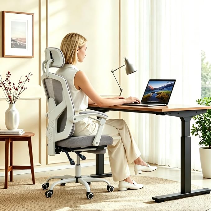 Ergonomic Office Chair with Footrest, Computer Gaming Chair | Adjustable Headrest, Lumbar Support, Swivel Reclining, Padded Armrest, Mesh High Back, Home Desk Work Study, Grey
