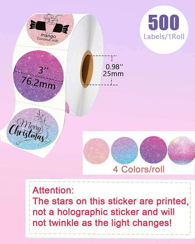 3 x 3 Round Thermal Labels, 3 inch Round Thermal Stickers Label for Business and Home, Circle Thermal Printer Labels for DIY Logo Design, Thanks Card, 500 PCS, 1 Roll, Starry Purple
