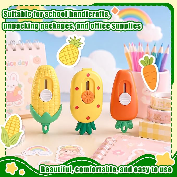 Maitys 6 Pcs Cute Fruit Vegetable Shaped Retractable Box Cutter, Mini Portable Utility Knife for School Office Package Opening Stationery Gift (Avocado, Strawberry, Radish, Corn, Carrot, Pineapple)